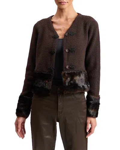 Avec Les Filles Faux Fur-trim Cardigan Sweater In Brown