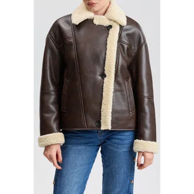 Avec Les Filles Faux Leather & Faux Shearling Notch Collar Jacket In Brown