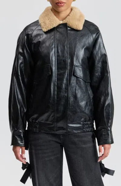 Avec Les Filles Faux Leather Aviator Jacket In Blue