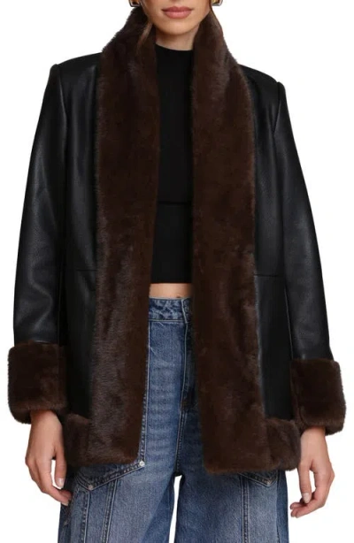 Avec Les Filles Faux Leather Coatigan With Faux Fur Trim In Black