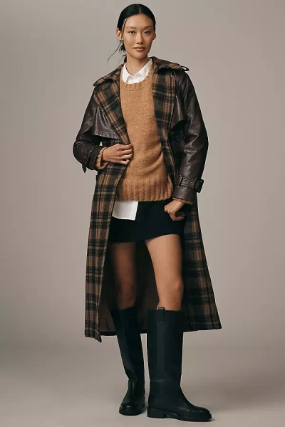 Avec Les Filles Faux-leather Oversized Plaid Trench Coat Jacket In Multi