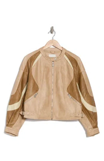 Avec Les Filles Faux Leather Racing Jacket In Khaki Multi