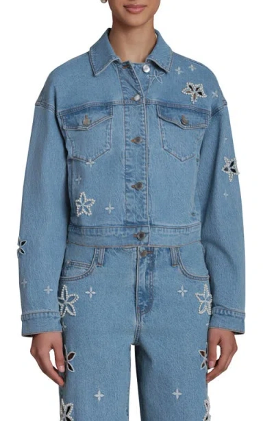 Avec Les Filles Faux Pearl Floral Denim Jacket In Blue