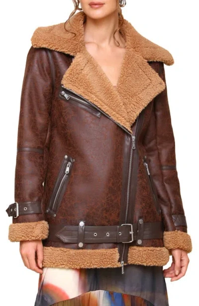 Avec Les Filles Faux Shearling Biker Jacket In Luggage