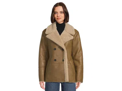 Avec Les Filles Faux Shearling Peacoat In Brown