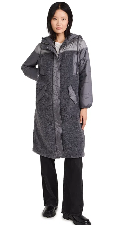 Avec Les Filles Faux Shearling Quilted Hooded Coat Charcoal