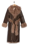 Avec Les Filles Faux Shearling Trim Faux Leather Coat In Brown