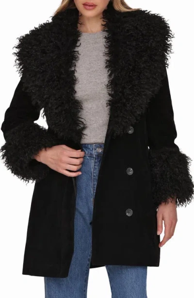 Avec Les Filles Faux Suede Coat With Faux Shearling Collar In Black