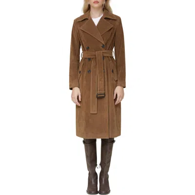 Avec Les Filles Faux Suede Double Breasted Belted Coat In Wood