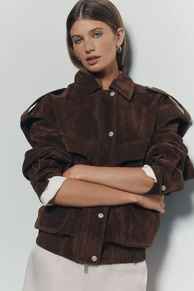Avec Les Filles Faux Suede Utility Bomber Jacket In Brown