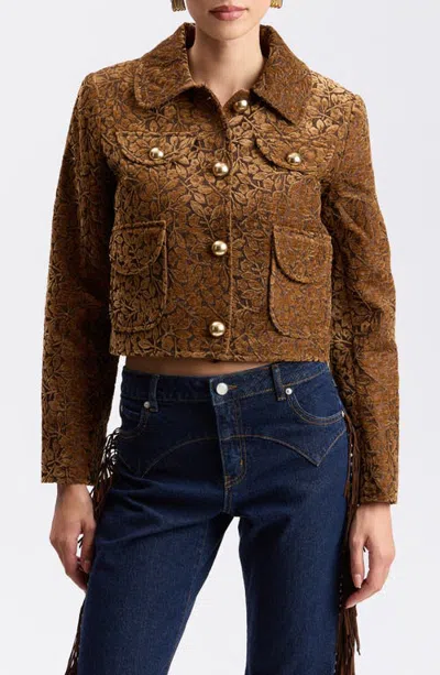 Avec Les Filles Flocked Floral Jacquard Cropped Jacket In Brown