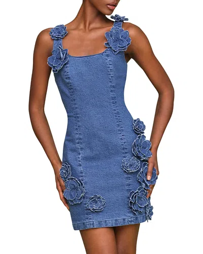 Avec Les Filles Floral Applique Denim Mini Dress In Monarch Wash
