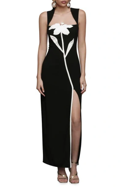 Avec Les Filles Floral Appliqué Queen Anne Neck Maxi Cocktail Dress In Black