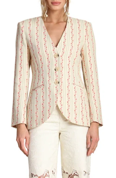 Avec Les Filles Floral Brocade Cotton Blazer In White