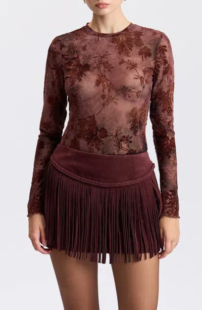Avec Les Filles Floral Burnout Long Sleeve Shirt In Brown