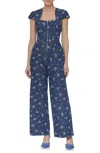Avec Les Filles Floral Cap Sleeve Corset Wide Leg Denim Jumpsuit In Kauri Wash With Ditsy Floral In Blue