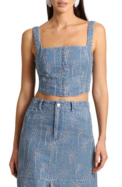 Avec Les Filles Floral Denim Corset Crop Top In Duoro Wash