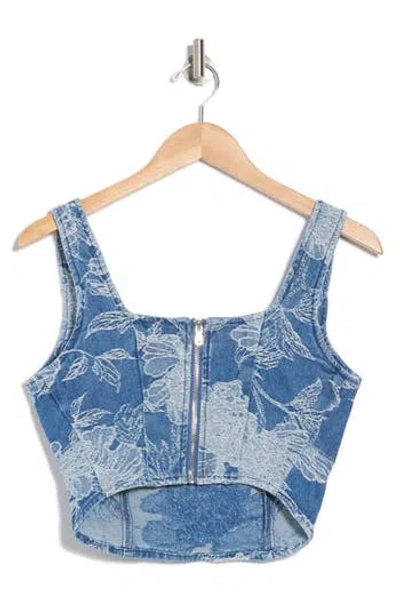 Avec Les Filles Floral Denim Corset Tank In Medium Blue Wash