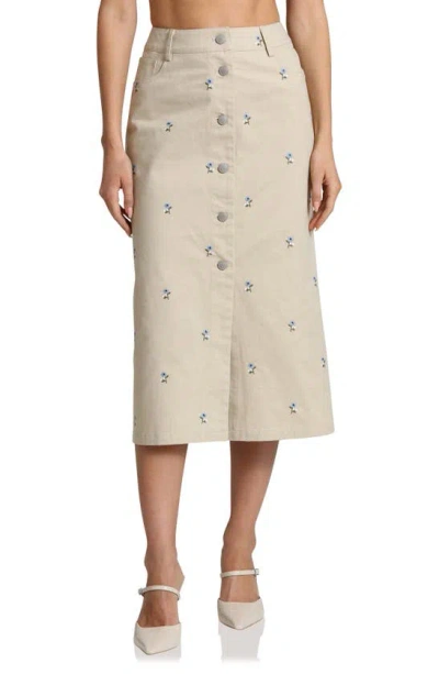 Avec Les Filles Floral Embroidered Button Front Midi Skirt In Brown