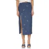 Avec Les Filles Floral Embroidered High Slit Denim Midi Skirt In Kauri Wash W Ditsy F