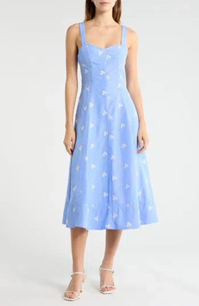 Avec Les Filles Floral Embroidery Stripe Midi Dress In Blue