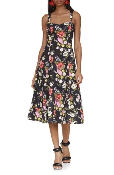 Avec Les Filles Floral Fit & Flare Dress In Black Flower Press