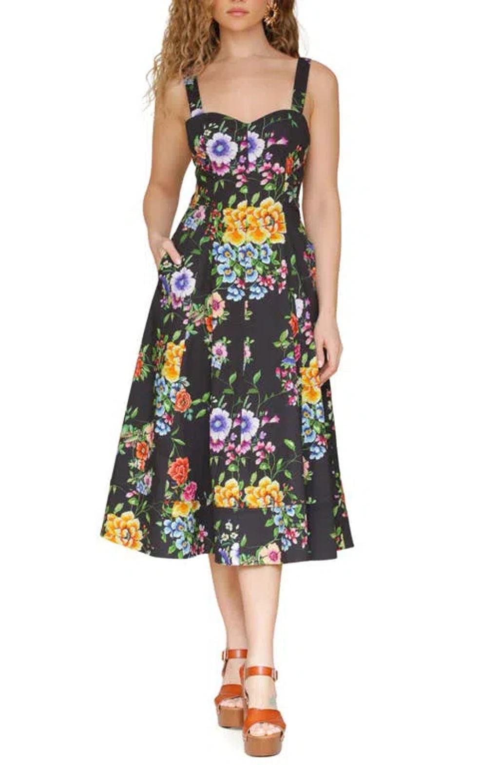 Avec Les Filles Floral Fit & Flare Dress In Black Zinnia Floral | ModeSens