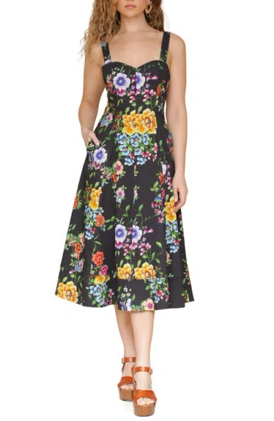 Avec Les Filles Floral Fit & Flare Dress In Black Zinnia Floral