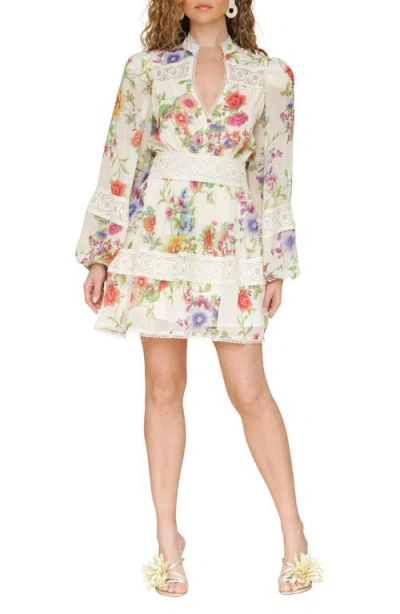 Avec Les Filles Floral Lace Detail Long Sleeve Minidress In White Zinnia Floral
