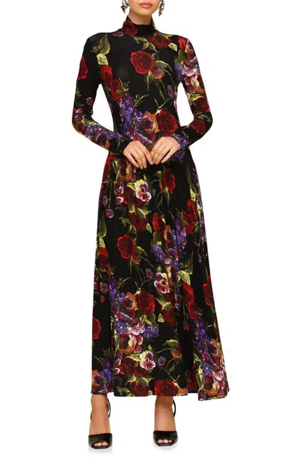 knee length dresses for ladies I.H.F Long Sleeves Black Gown with Drapped Red Roses main image 1