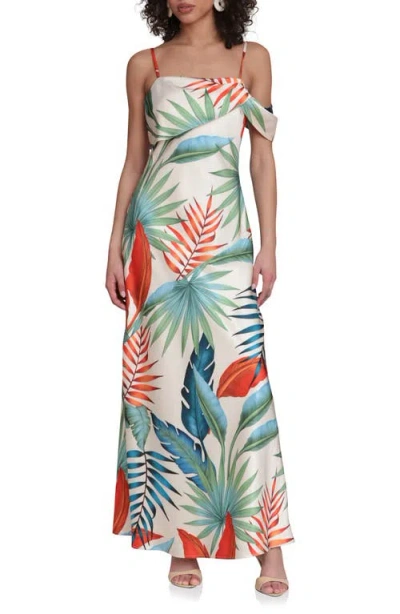 Avec Les Filles Floral Print Asymmetric Satin Maxi Dress In Multi