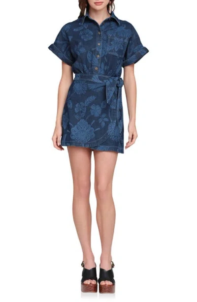 Avec Les Filles Floral Print Belted Denim Minidress In Blue