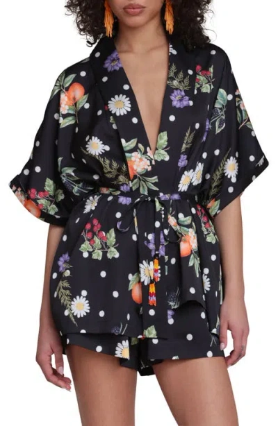 Avec Les Filles Floral Print Belted Tunic In Black