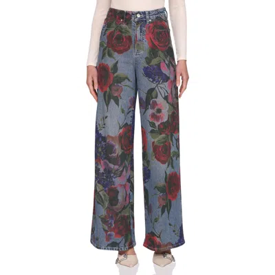 Avec Les Filles Floral Print High Waist Wide Leg Jeans In Multi