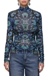 Avec Les Filles Women's Printed Mesh Mock Neck Ruched Top In Blue