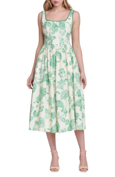 Avec Les Filles Floral Print Panel Midi Dress In Green
