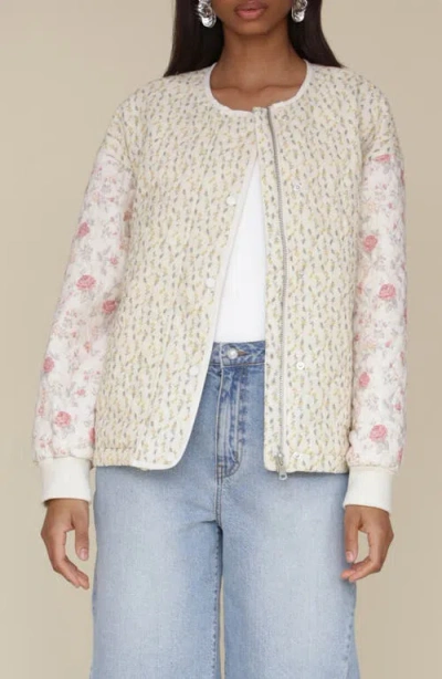 Avec Les Filles Floral Quilted Jacket In White Pink Yellow