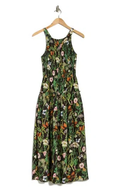 Avec Les Filles Floral Smocked Bodice Linen Blend Midi Dress In Multi
