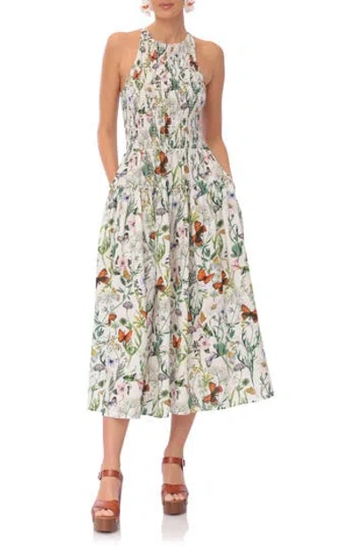 Avec Les Filles Floral Smocked Bodice Linen Blend Midi Dress In Butterfly Floral
