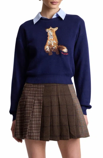 Avec Les Filles Fox Embroidered Crewneck Sweater In Blue