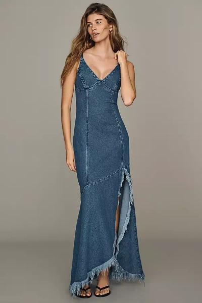 Avec Les Filles Frayed Hem Denim Maxi Dress In Blue