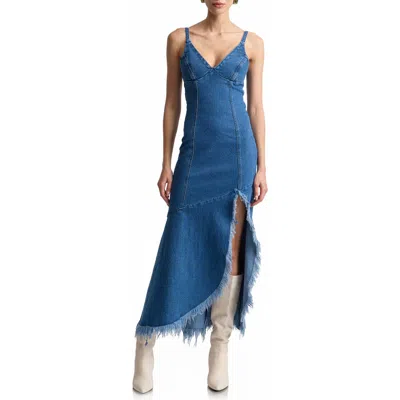 Avec Les Filles Frayed Hem Denim Maxi Dress In Blue