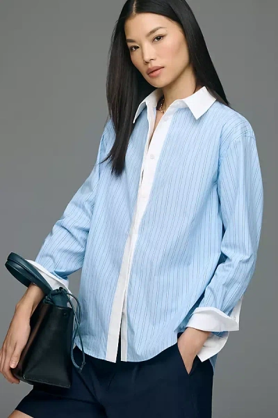 Avec Les Filles French-cuff Rose Buttondown Shirt In Blue