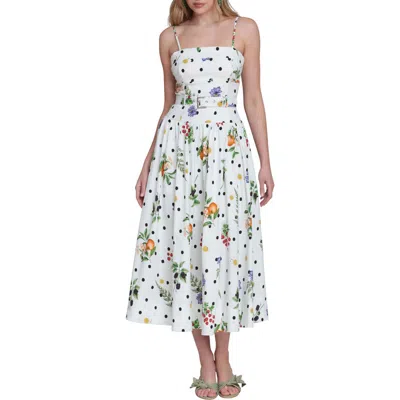 Avec Les Filles Fruit Florals & Polka Dot Belted Drop Waist Midi Dress In White
