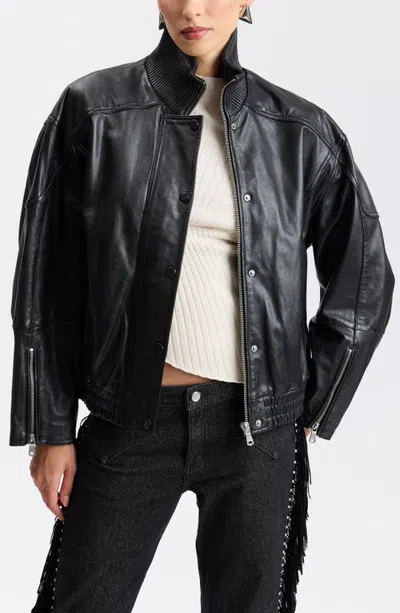 Avec Les Filles Funnel Neck Oversized Leather Bomber Jacket In Black
