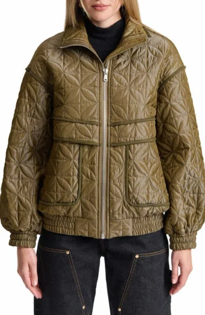 Avec Les Filles Funnel Neck Quilted Bomber Jacket In Brown