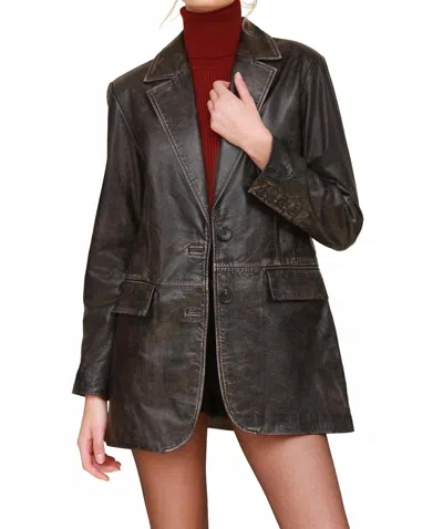 Avec Les Filles Genuine Leather Oversized Blazer In Washed Black In Brown