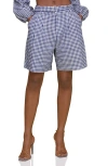 Avec Les Filles Gingham Belted Linen Blend Bermuda Shorts In Navy-white Gingham