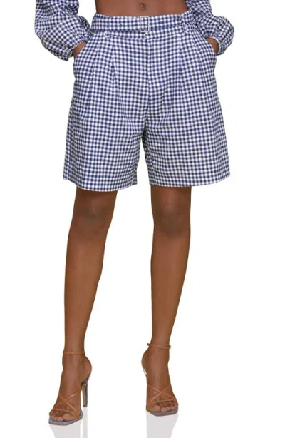 Avec Les Filles Gingham Belted Linen Blend Bermuda Shorts In Navy-white Gingham