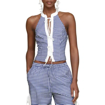 Avec Les Filles Gingham Halter Top In Navy-white Gingham